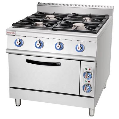 Potente fogão a gás de cozinha comercial de 4 queimadores com gaveta mais quente e controle manual