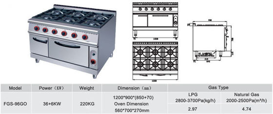 Commercial 6 queimadores forno de gás range fogão 220KG capacidade e tensão V LPG2800PA