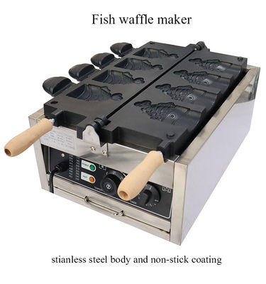 Faça lanches perfeitos com a nossa máquina de waffle de peixe comercial antiaderente de 4 peças com gelo e boca aberta
